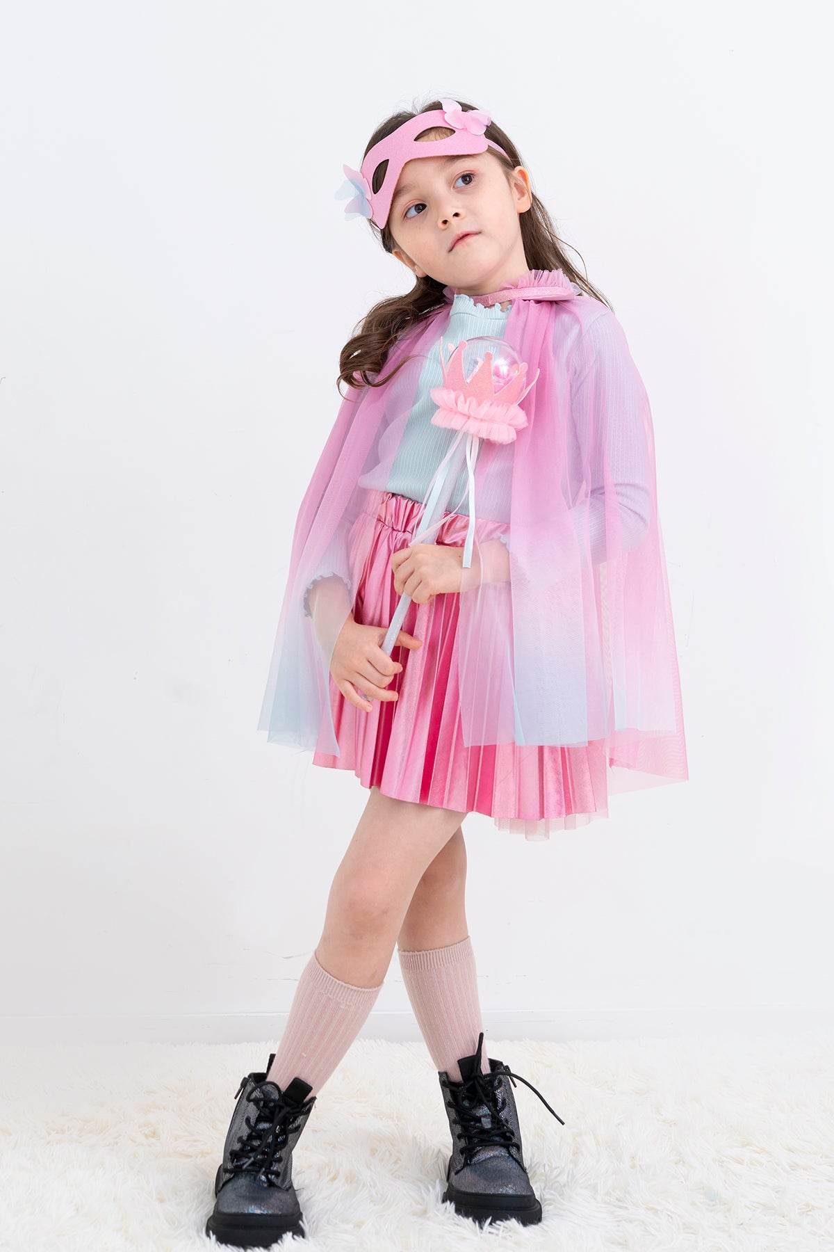 Girls Kids Children Princess Rainbow Pink Lace Veil Tulle Cape Shawl Costume